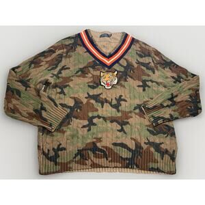 Polo Ralph Lauren Camo Cable Knit Sweater Size XXL Tiger Patch V Neck